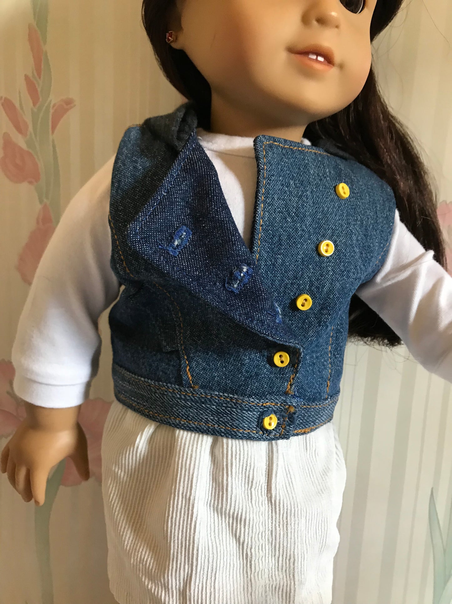 AG125 - Denim vest with corduroy skirt, leggings red, white & blue sneakers