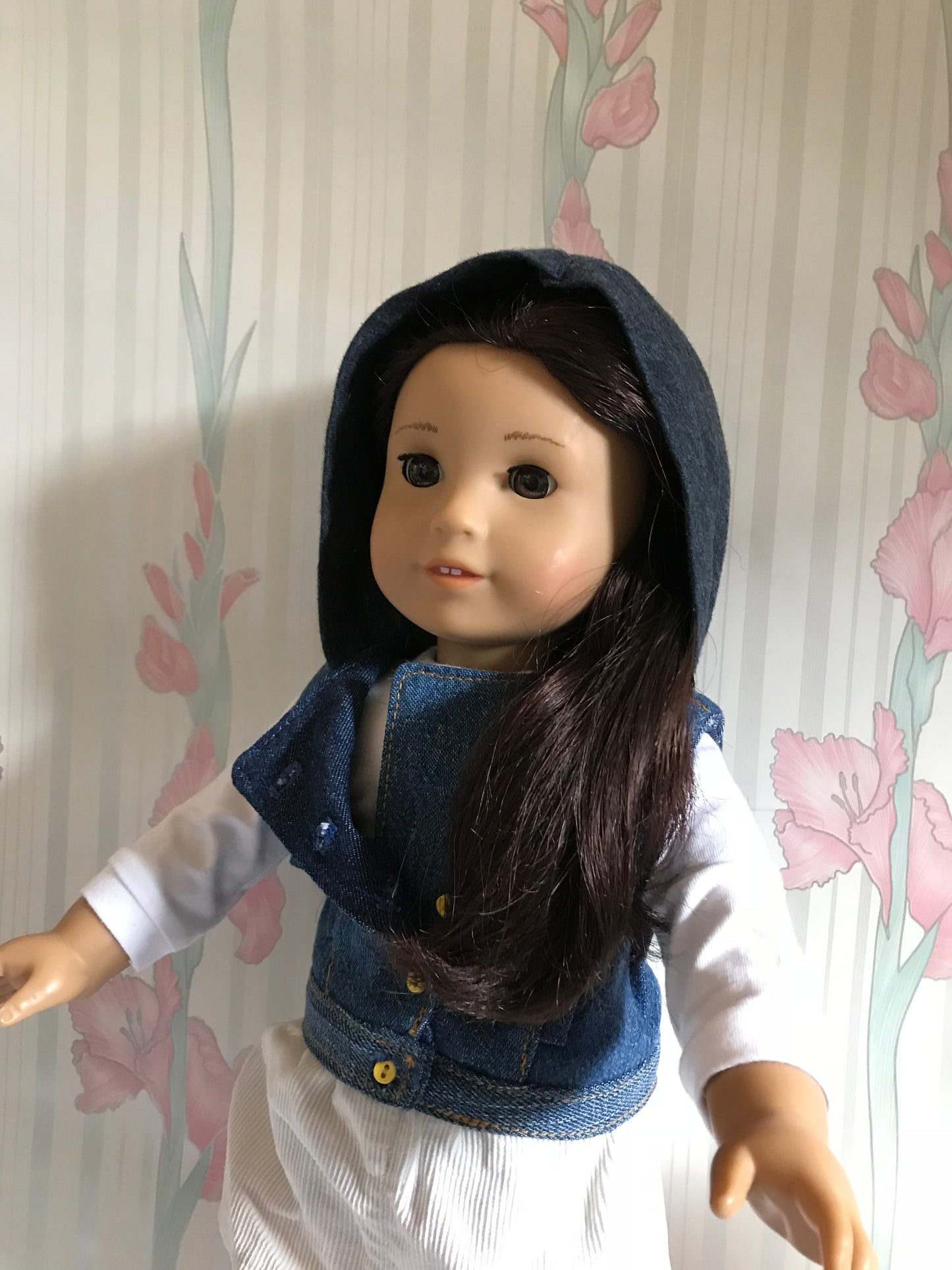 AG125 - Denim vest with corduroy skirt, leggings red, white & blue sneakers