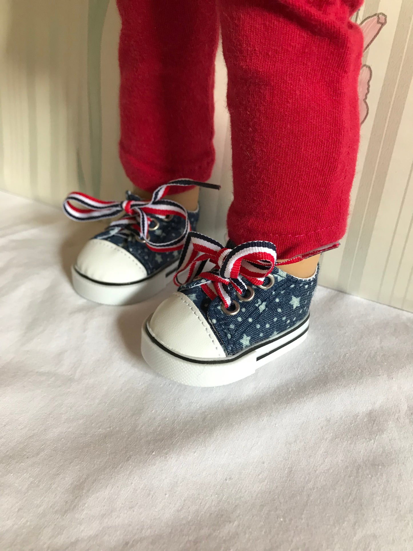 AG125 - Denim vest with corduroy skirt, leggings red, white & blue sneakers