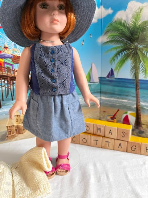 AG175 - Denim skirt, blue lace top, wide brimmed hat and pink sandals