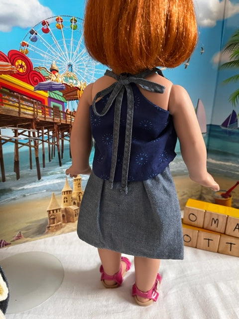 AG175 - Denim skirt, blue lace top, wide brimmed hat and pink sandals