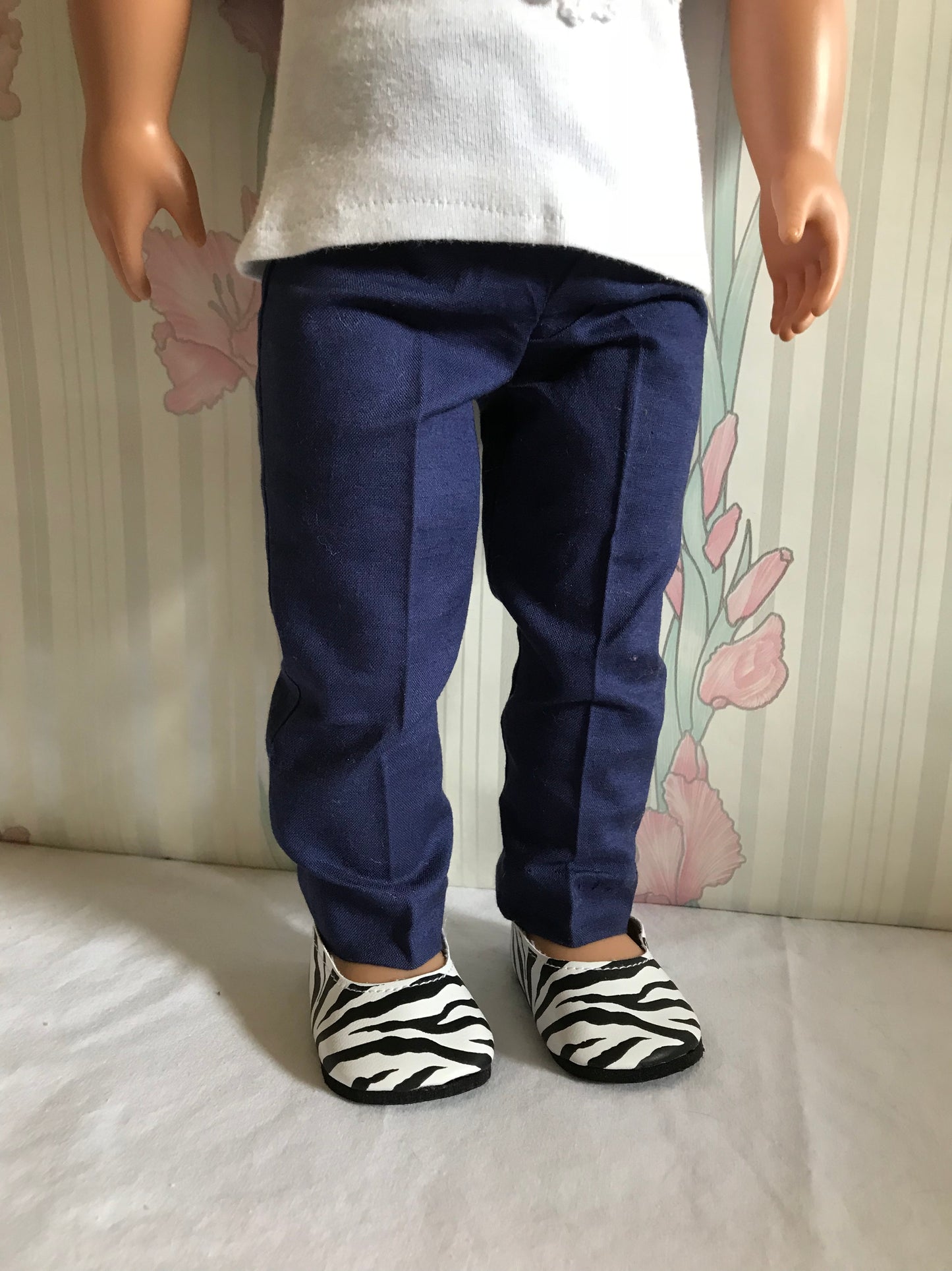 AG54 - Denim blazer, navy pants, lace front T-shirt and zebra print shoes