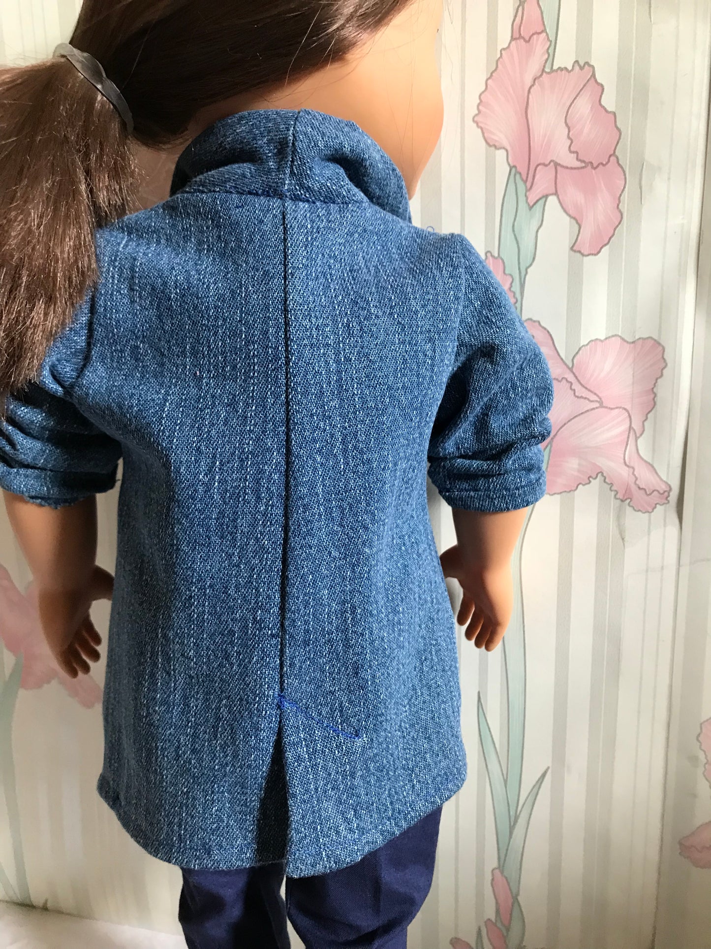 AG54 - Denim blazer, navy pants, lace front T-shirt and zebra print shoes