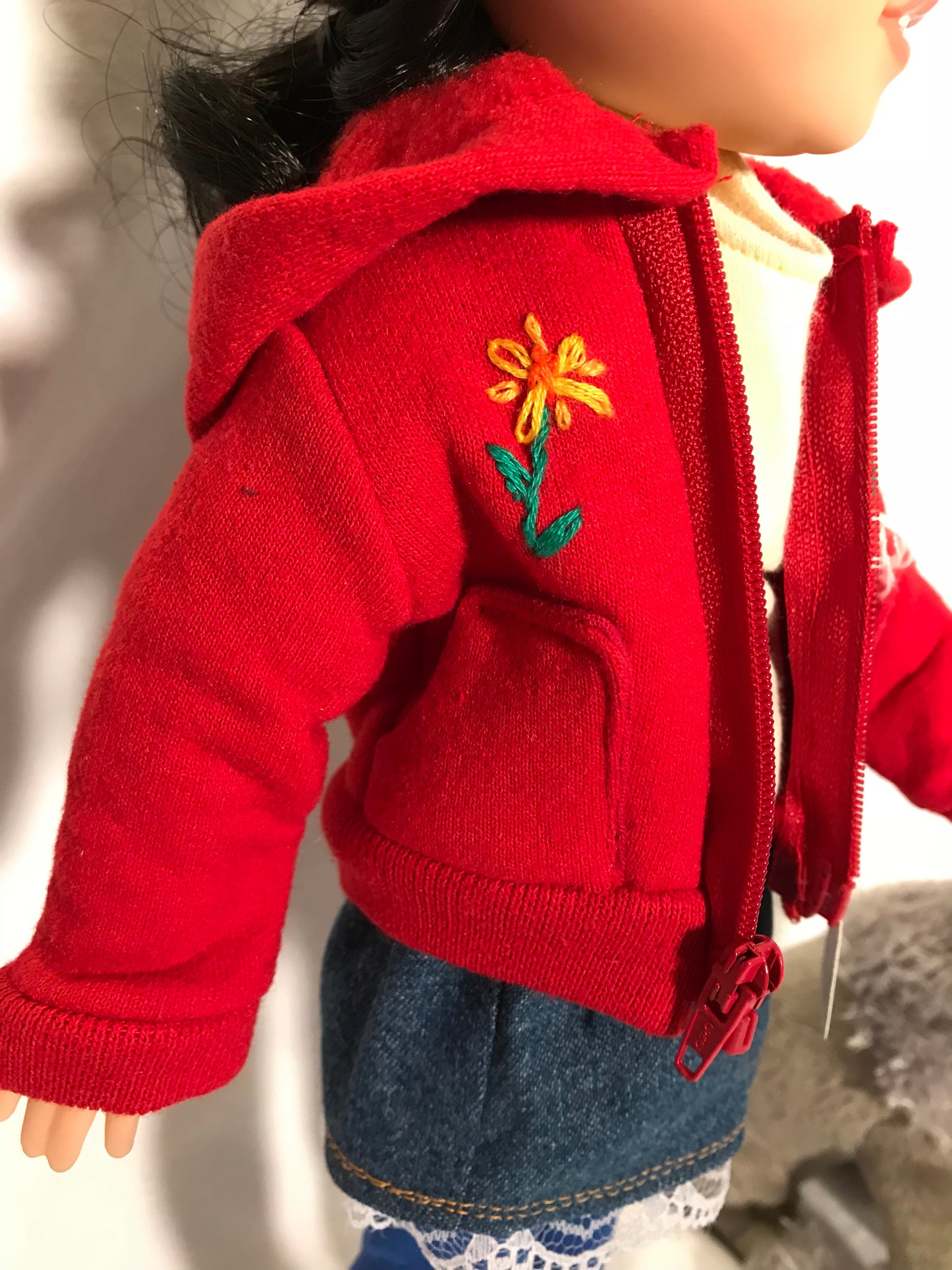 WW43 - Red hoodie, denim skirt, hat & leggings