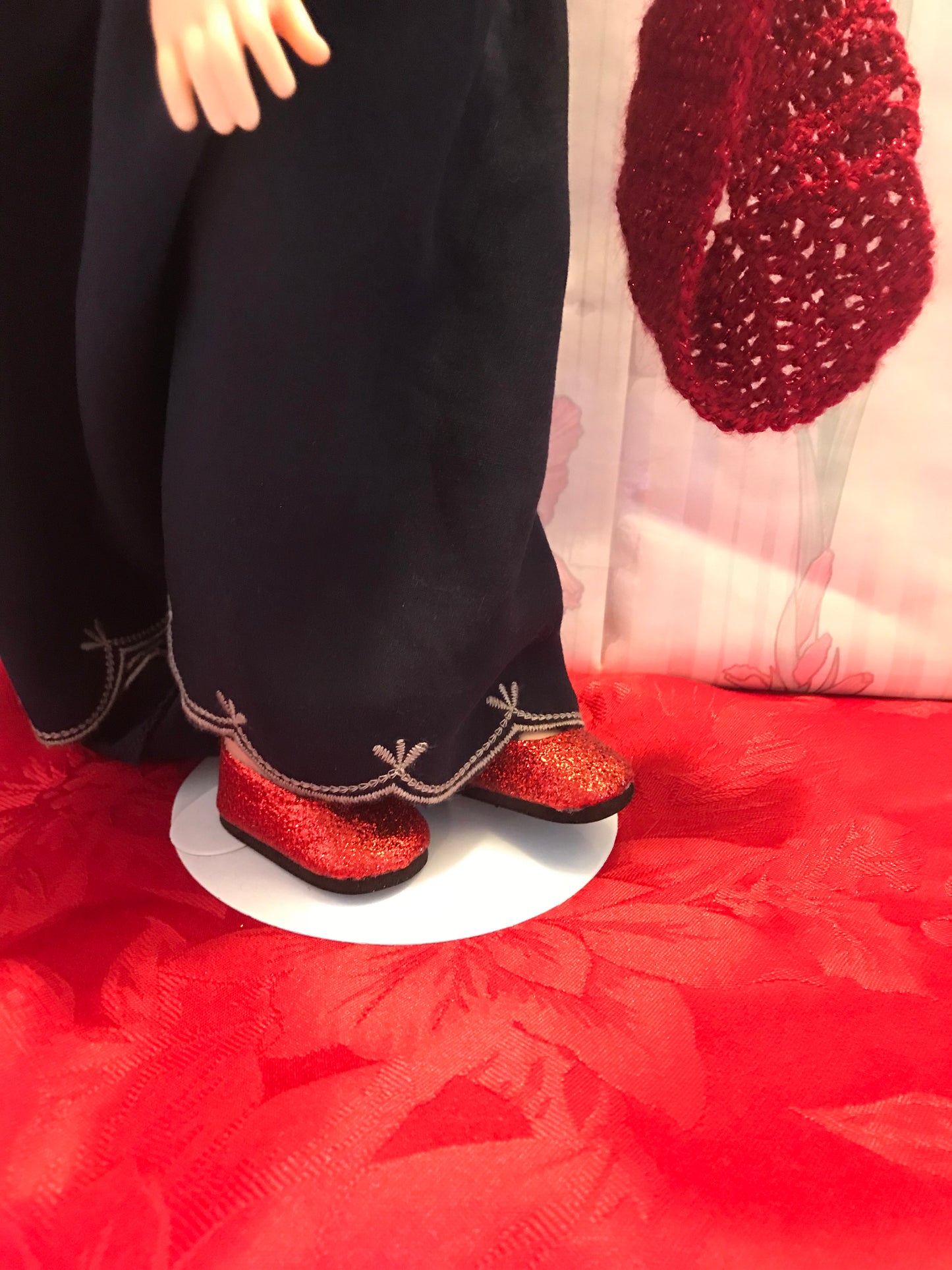 WW60 - Navy blue formal with red wrap and red sparkle shoes