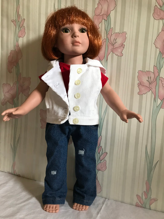 AG106 - White vest, jeans, red, white & blue outfit