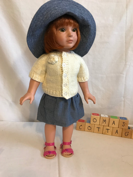 AG175 - Denim skirt, blue lace top, wide brimmed hat and pink sandals