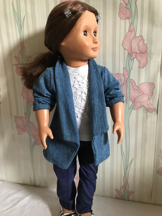 AG54 - Denim blazer, navy pants, lace front T-shirt and zebra print shoes