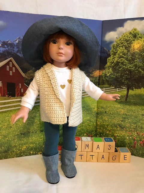 AG96 - Cream vest, denim pants, denim boots and wide brimmed hat