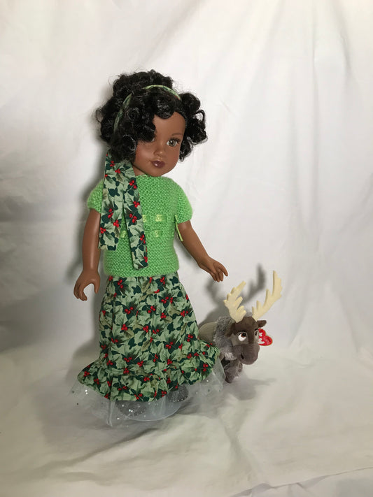 JG46 - Christmas skirt with green sweater and black shoes