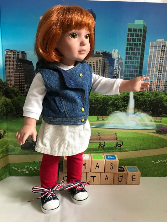 AG125 - Denim vest with corduroy skirt, leggings red, white & blue sneakers