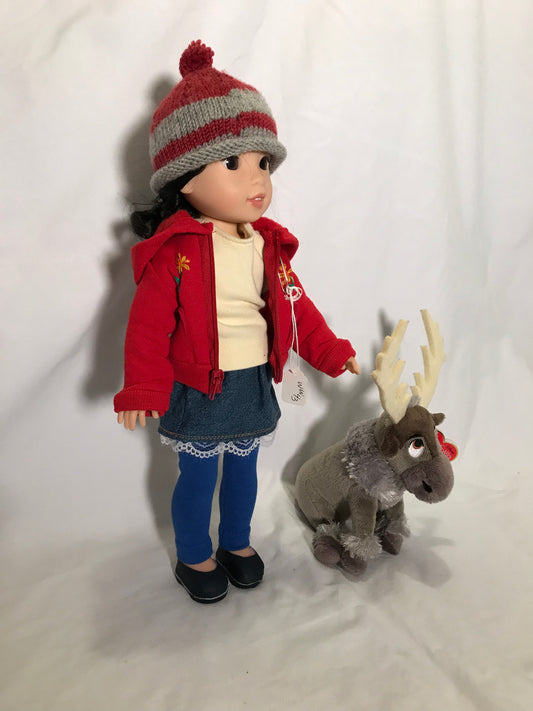 WW43 - Red hoodie, denim skirt, hat & leggings