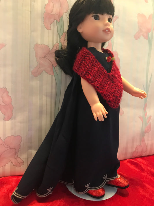 WW60 - Navy blue formal with red wrap and red sparkle shoes